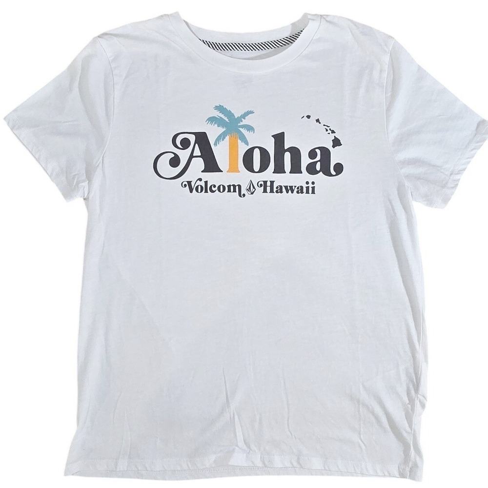 VOLCOM KIDS Hawaii Aloha Palm Tree Graphic T Shirt‎ Tee White orange Size L (14)
